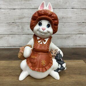 Mother Rabbit Figurine 3 Kids  Apron Basket Hand Painted Ceramic 9.5”